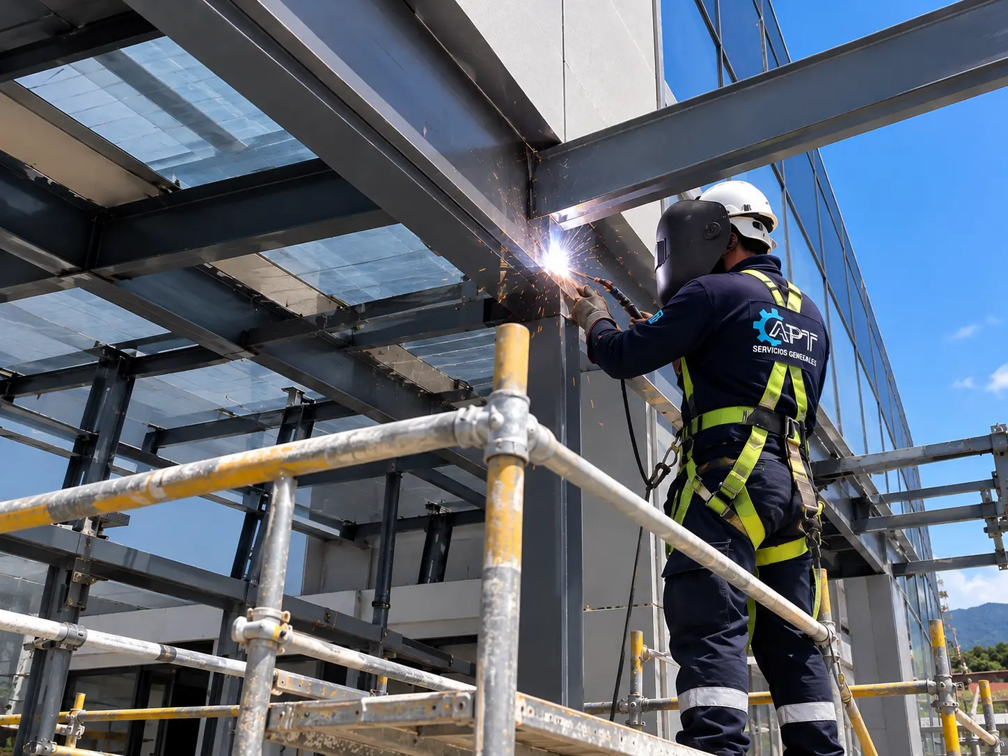 Soldador de APT trabajando en una estructura metálica